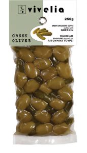green Chalkidiki stuffed olives with gherkin