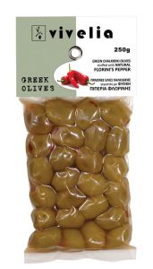green Chalkidiki stuffed olives with natural Florini’s pepper