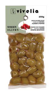 Olives vertes de Chalkidiki farcies au poivron rouge naturel de Florina