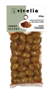 green Chalkidiki olives with red chilli flakes